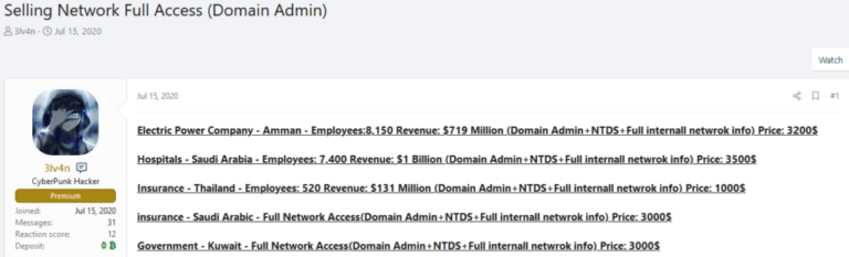 An access broker selling privileged access to multiple organizations on a notorious cybercrime forum.